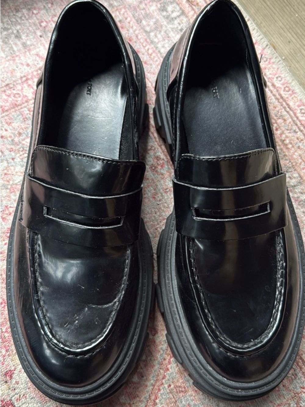 OAK + FORT Black Patent Penny Loafers with Chunky Sole